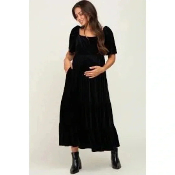 Pinkblush Black Velvet Tiered Maternity Maxi Dress Large - Picture 1 of 11
